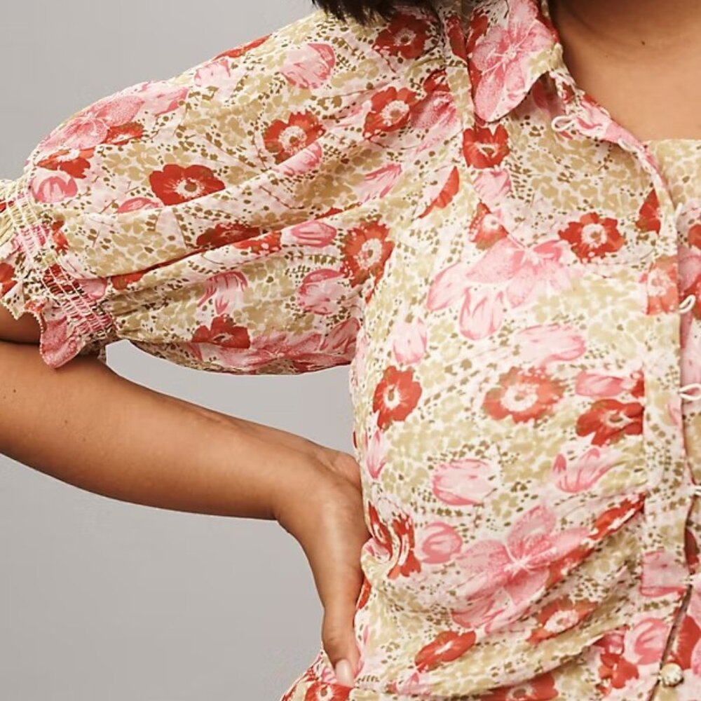 By Anthropologie Puff-Sleeve Ruched Mesh Midi Shirt Dress 4p new pink nwt - Picture 2 of 9